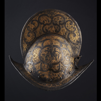 Morion, Italian Renaissance, etched and gilt